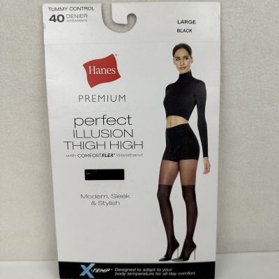 Hanes Pantyhose Tights Premium Perfect Illusion Thigh High Tummy Control Black L